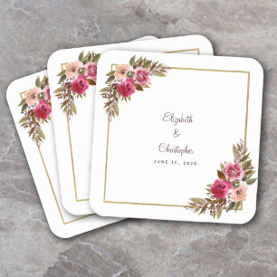 Porta-copo De Papel Quadrado Floral Elegante de Casamento Personalizado