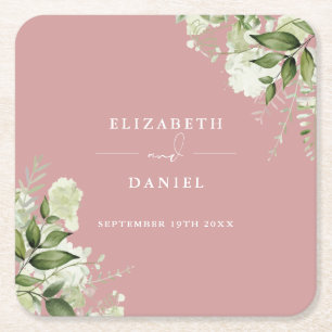 Porta-copo De Papel Quadrado Floral Greenery Elegante Dusty Rosa Wedding