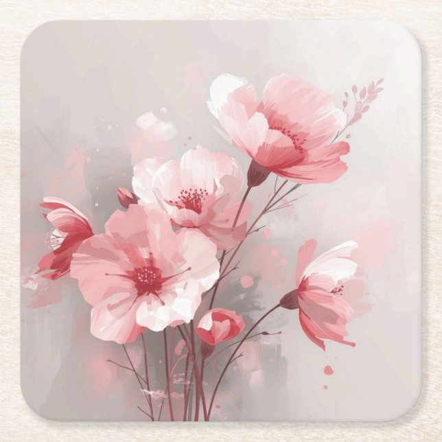 Porta-copo De Papel Quadrado Floral Rosa, Branco e Cinza (Frente)