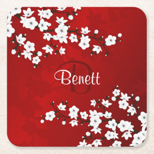 Porta-copo De Papel Quadrado Floral White Cherry Blossom Vermelho Adição de N