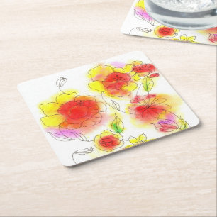 Porta-copo De Papel Quadrado Flores abstrato, vermelhas e amarelas, de aquarela