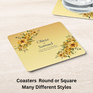 Porta-copo De Papel Quadrado Flores Amarelas Douradas  