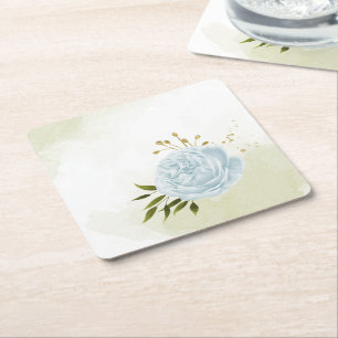 Porta-copo De Papel Quadrado Flores azuis boho folhas verdes botânico