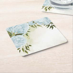 Porta-copo De Papel Quadrado Flores azuis boho folhas verdes botânico
