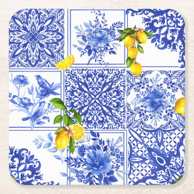 Porta-copo De Papel Quadrado Flores azuis, china azul, porcelana, pássaros (Frente)