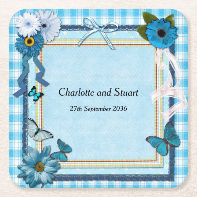 Porta-copo De Papel Quadrado Flores Azuis e Borboletas (Frente)