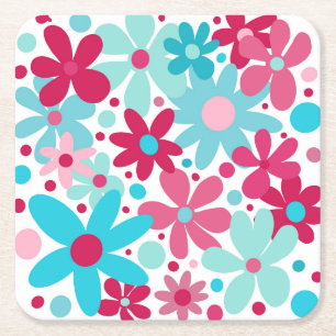 Porta-copo De Papel Quadrado Flores azuis e cor-de-rosa