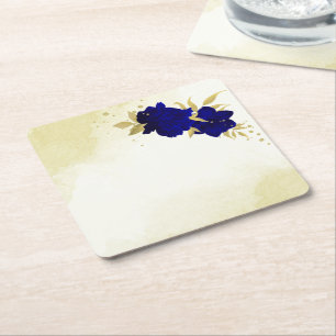 Porta-copo De Papel Quadrado Flores azul royal folhas de ouro casamento
