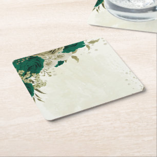 Porta-copo De Papel Quadrado flores bege esmeralda verde casamento