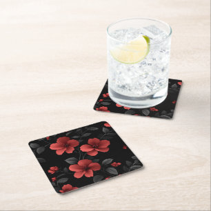Porta-copo De Papel Quadrado Flores bonito de Verão Vermelho em Preto