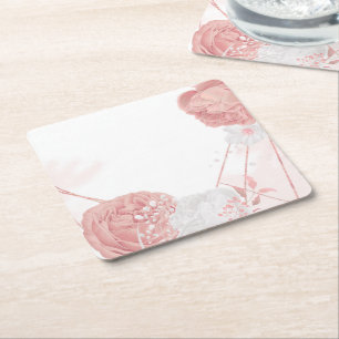 Porta-copo De Papel Quadrado flores botânicas de casamento cor-de-rosa e branco