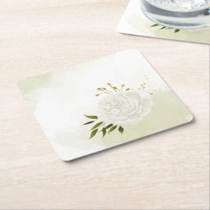 Porta-copo De Papel Quadrado Flores brancas boho folhas verdes botânico