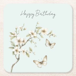 Porta-copo De Papel Quadrado Flores Brancas de Hortelã Borboletas Aniversário