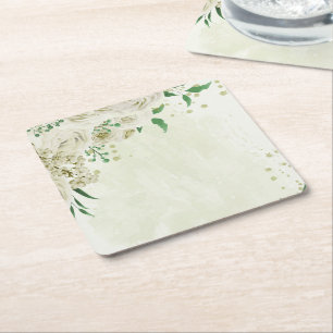 Porta-copo De Papel Quadrado Flores brancas de marfim, verde casamento