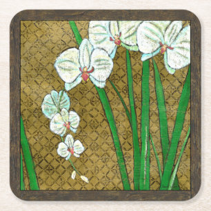 Porta-copo De Papel Quadrado Flores brancas e caules verdes na fronteira castan