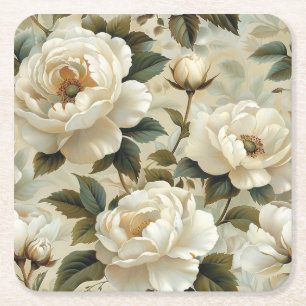 Porta-copo De Papel Quadrado Flores brancas em um fundo creme.