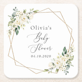 Porta-copo De Papel Quadrado Flores brancas, Flores de Creme, Boho, Chá de fral