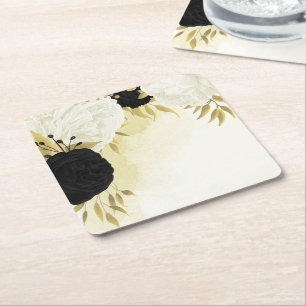Porta-copo De Papel Quadrado flores brancas pretas ouro folhas casamento