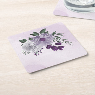 Porta-copo De Papel Quadrado flores brancas roxas folhagens