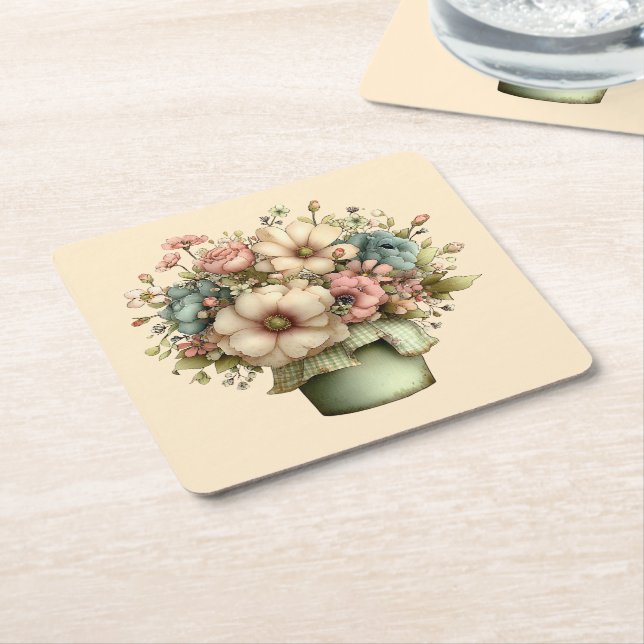 Porta-copo De Papel Quadrado Flores Caprichosas em um Vaso de Planta Cute (Inclinado)