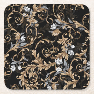 Porta-copo De Papel Quadrado Flores clássicas barrocas: fundo negro.