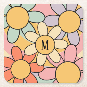 Porta-copo De Papel Quadrado Flores coloridas bonitas de cor retrógrada estilo 
