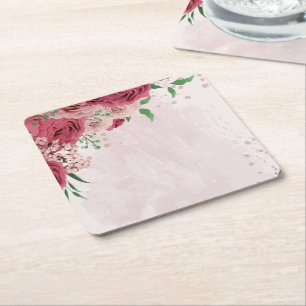Porta-copo De Papel Quadrado flores cor-de-rosa folhas verdes casamento