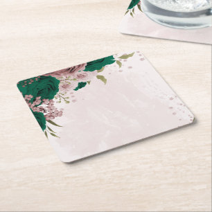 Porta-copo De Papel Quadrado flores cor-de-rosa verde esmeralda casamento