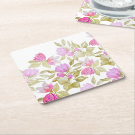 Porta-copo De Papel Quadrado Flores de Aguarela Violeta Rosa Pintadas à Mão