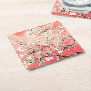 Porta-copo De Papel Quadrado Flores de Amendoeira de Van Gogh Pêssego