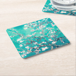 Porta-copo De Papel Quadrado Flores de Amendoeira de Van Gogh Turquesa