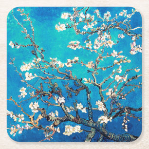 Porta-copo De Papel Quadrado Flores de Amendoeira de Van Gogh turquesa brilhant