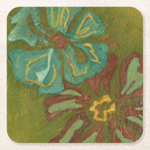 Porta-copo De Papel Quadrado Flores de aqua e laranja queimadas em fundo verde