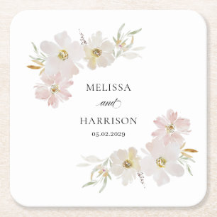 Porta-copo De Papel Quadrado Flores de Aquarela Creme e Rosado