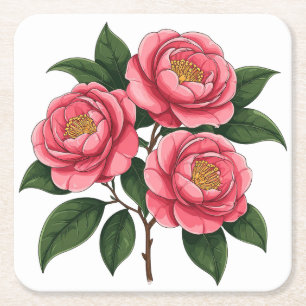 Porta-copo De Papel Quadrado Flores de Camélia Rosa em Flor com Folhas Verdes