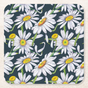 Porta-copo De Papel Quadrado Flores de Camomila: Aquarela Azul Escuro.