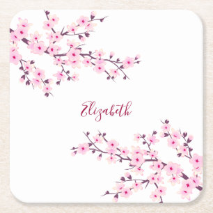Porta-copo De Papel Quadrado Flores de Cerejeira Rosa Branco Monograma 