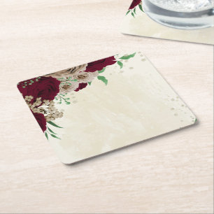 Porta-copo De Papel Quadrado flores de champanhe bordô casamento