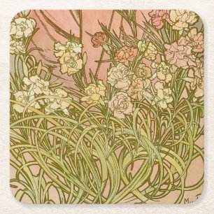 Porta-copo De Papel Quadrado Flores de cravo Mucha Art Nouveau