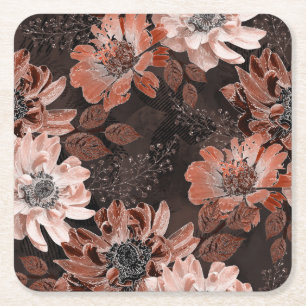 Porta-copo De Papel Quadrado Flores de creme, teracote sobre fundo castanho esc