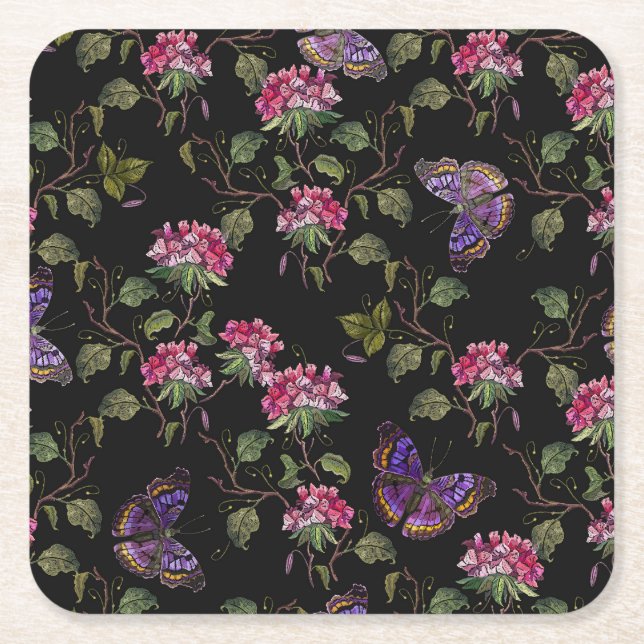 Porta-copo De Papel Quadrado Flores de Datura Bordados: Arte Botânica (Frente)