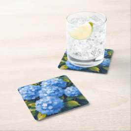 Porta-copo De Papel Quadrado Flores de Hortênsia Azul Floral Aquarela