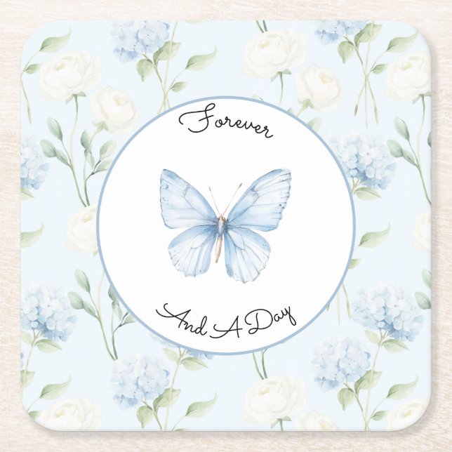 Porta-copo De Papel Quadrado Flores de Hydrangea Azuis Bonitas Casamento (Frente)