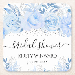 Porta-copo De Papel Quadrado Flores de Inverno Azul Bebê em Aquarela Chá de Beb