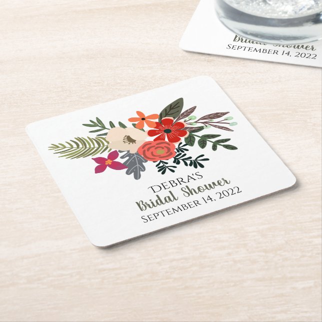 Porta-copo De Papel Quadrado Flores de inverno buquê roxo vermelho chá de noiva (Inclinado)