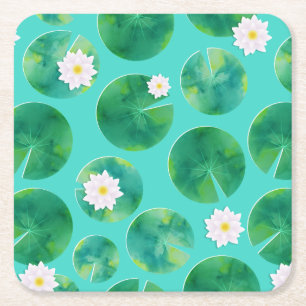 Porta-copo De Papel Quadrado Flores de Lily de Água Branca e Padrão de Lily Pad