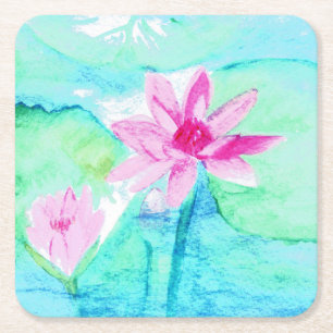 Porta-copo De Papel Quadrado Flores de Lótus Rosa Pastel Aquarela