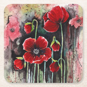Porta-copo De Papel Quadrado Flores De Papoila Em Aquarela