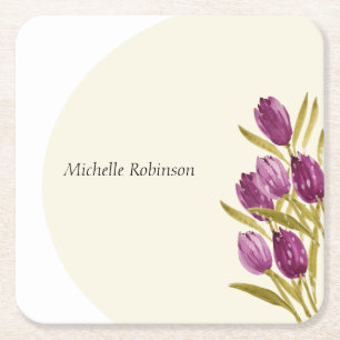 Porta-copo De Papel Quadrado Flores de Tulipa em Aquarela Elegante