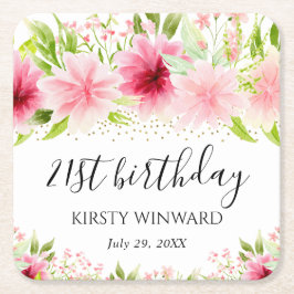 Porta-copo De Papel Quadrado Flores de Verão Rosa Aquarela Aniversário